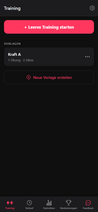 Der Tab Training mit den Tabs unten und der Aktion Einstellungen in der Kopfzeile.