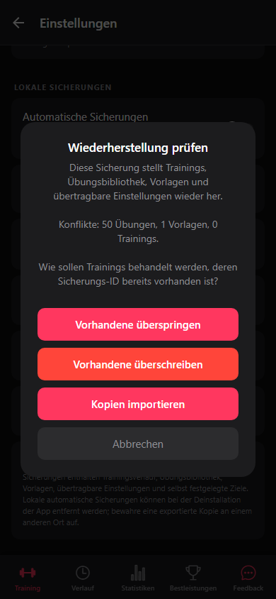 Sicherungssteuerungen mit Vorhandene überspringen, Vorhandene überschreiben und Kopien importieren.
