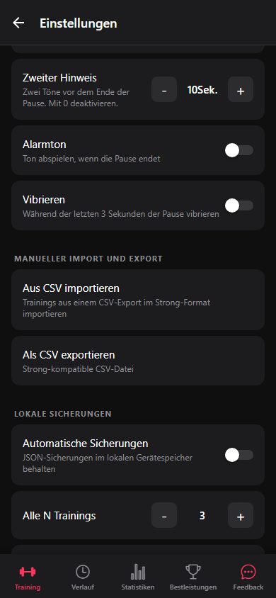 Die Aktionen Aus CSV importieren und Als CSV exportieren in Einstellungen.