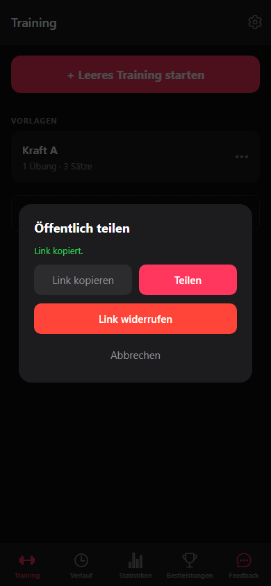Der Teilen-Dialog mit Link kopieren, Teilen und Link widerrufen.