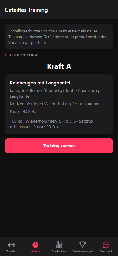 Eine erhaltene Vorlage mit der Aktion Training starten.