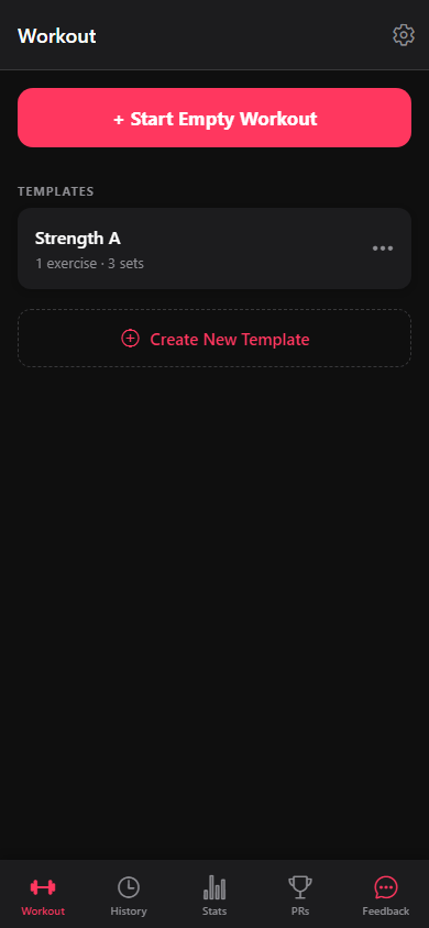 The Workout tab with the bottom tabs and the Settings header action.