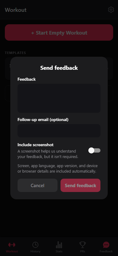 The feedback form with its optional screenshot control.