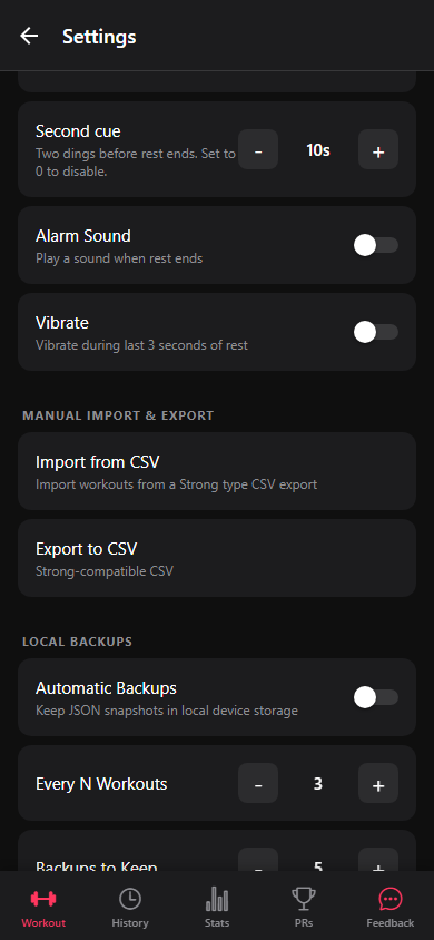 The Import from CSV and Export to CSV actions in Settings.