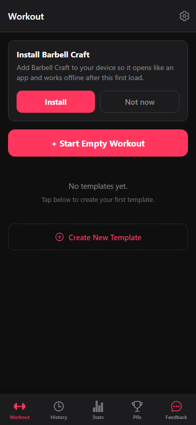 The Workout screen showing the Web install and offline-use card.