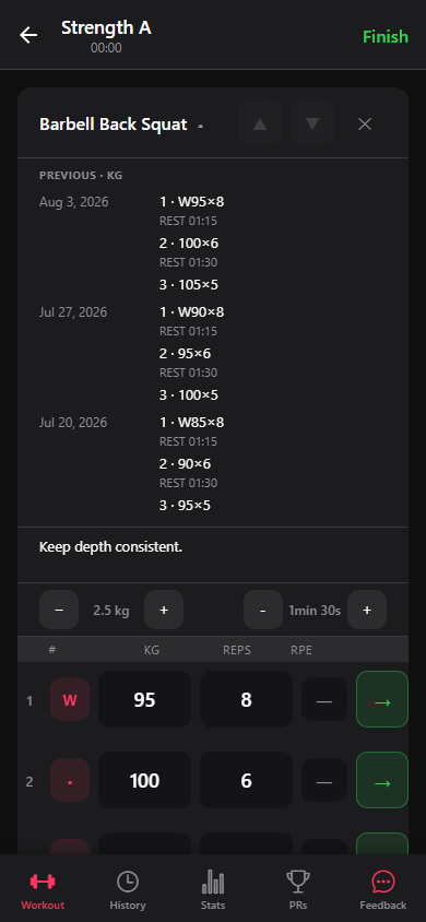 An exercise note beside recent completed-set history.