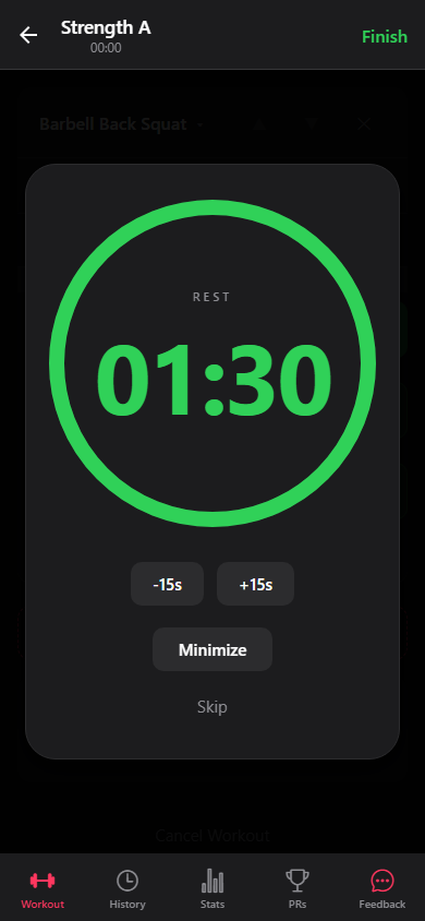 The active rest timer with its adjustment and cancel controls.