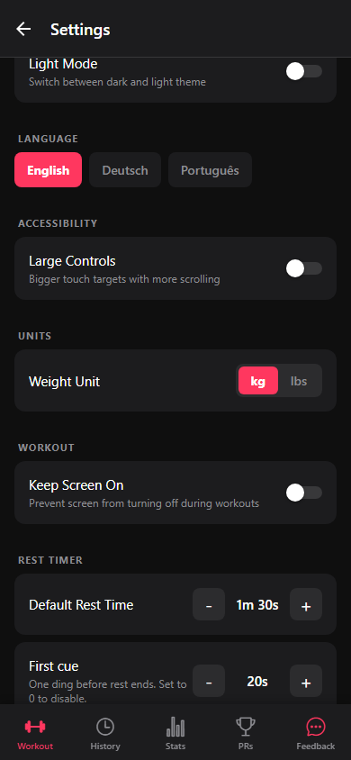 Settings showing language, units, theme, and Large Controls.