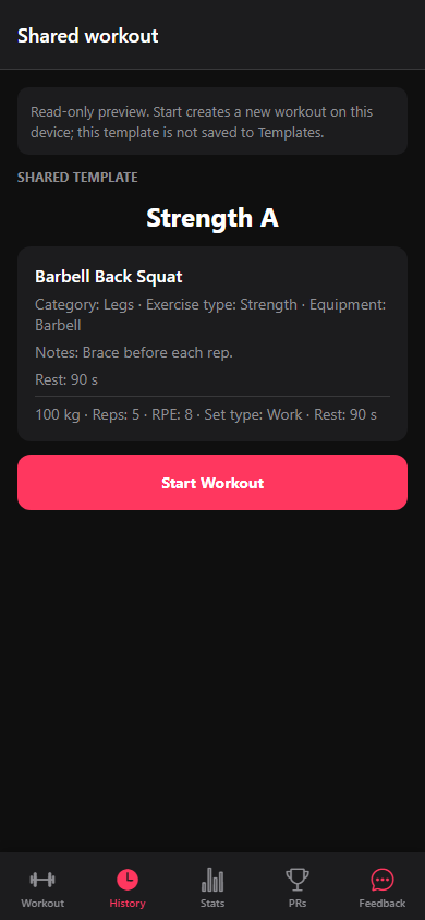 A received template with its Start Workout action.