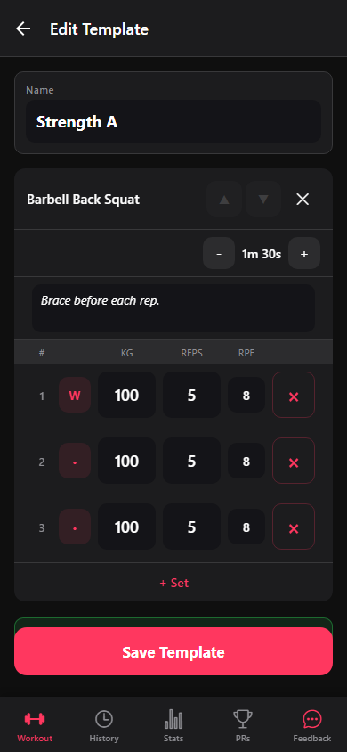 A template exercise editor with targets, set type, notes, and rest time.