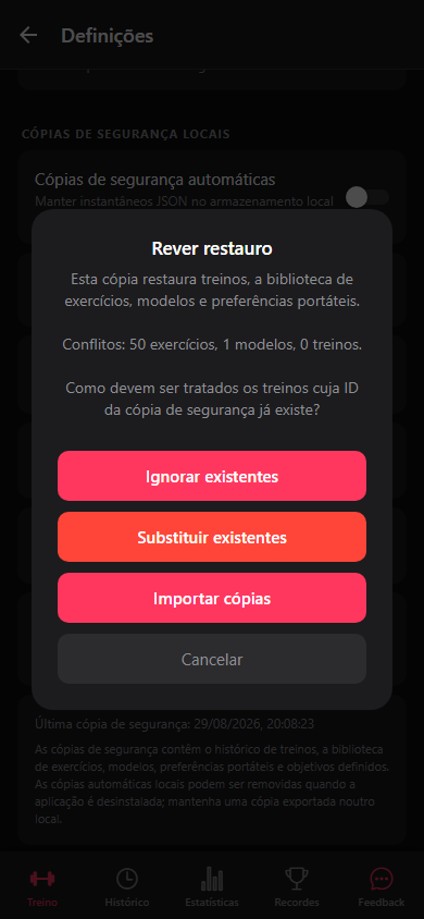 Controlos com Ignorar existentes, Substituir existentes e Importar cópias.