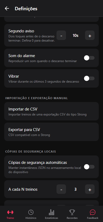 As ações Importar de CSV e Exportar para CSV em Definições.