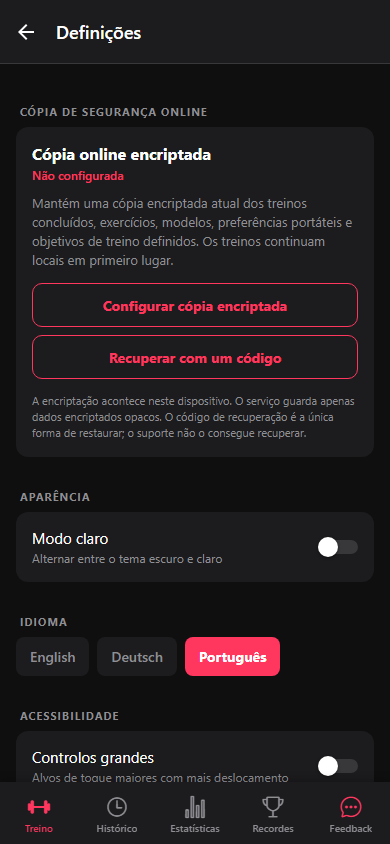 O cartão de cópia online encriptada e o acesso ao código de recuperação.