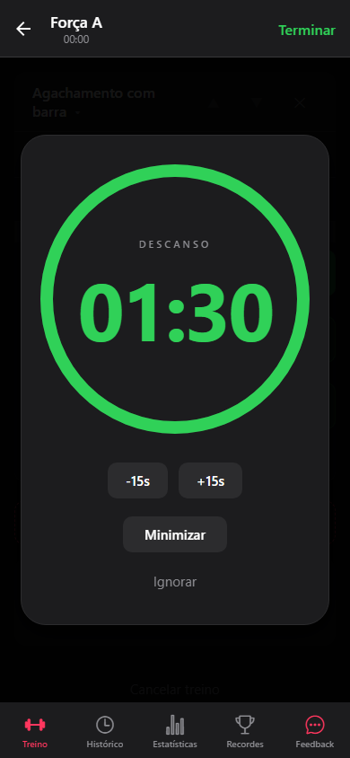 O temporizador de descanso ativo com controlos de ajuste e cancelamento.