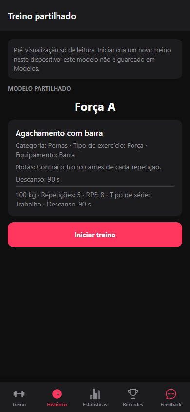 Um modelo recebido com a ação Iniciar treino.