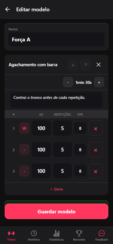 O editor do exercício com objetivos, tipo de série, notas e descanso.